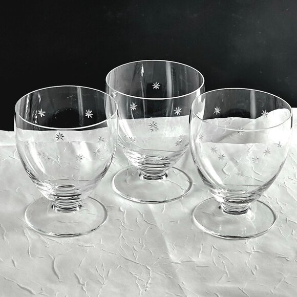 3 Atomic Starburst Footed Cocktail Glasses 3" vintage etched glass 1950s MCM - Picture 2 of 7